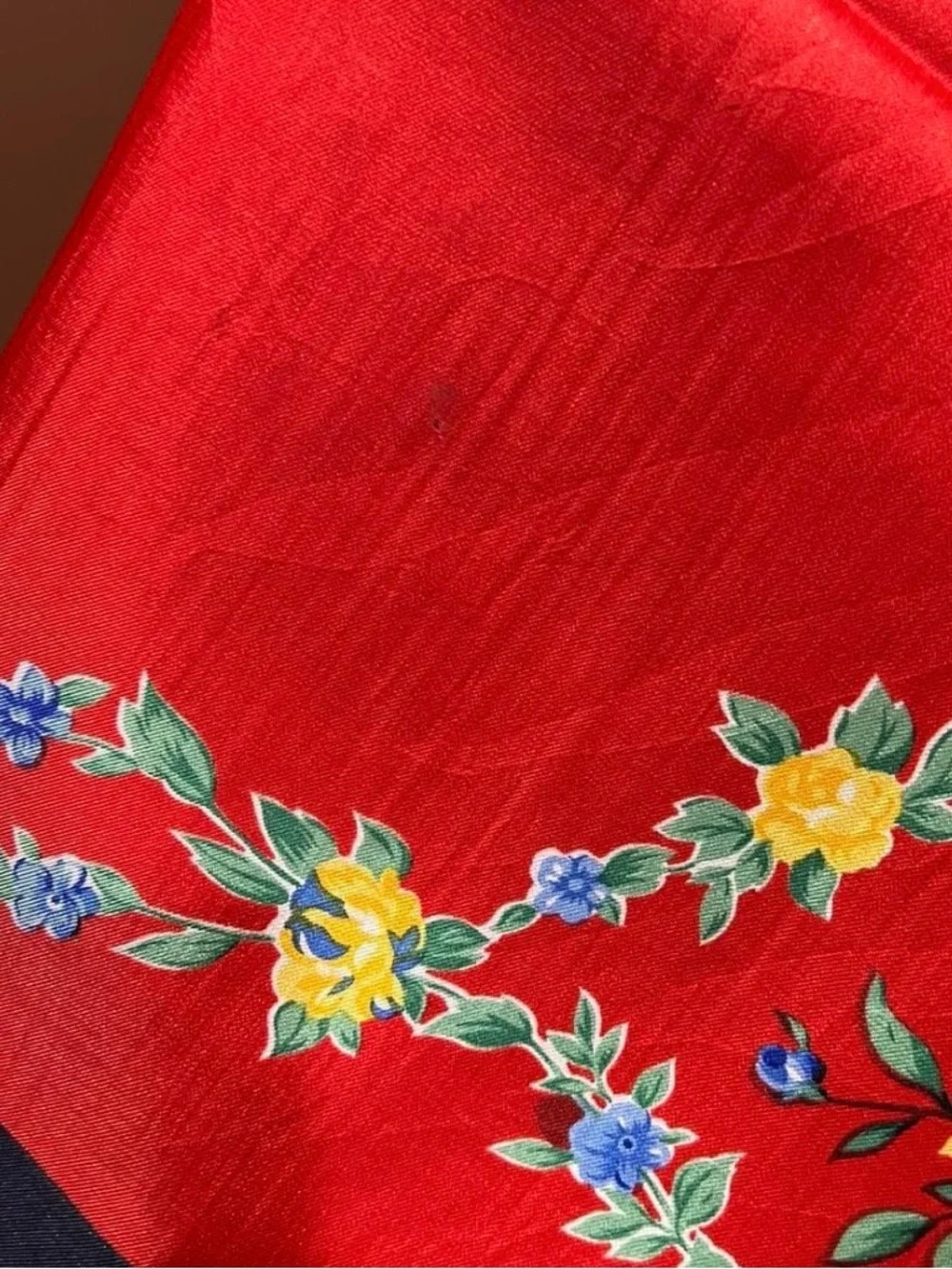 Sunkyang Sa Vintage Silk Scarf in Red Floral & Blue Rose Bouquet 34”x34”